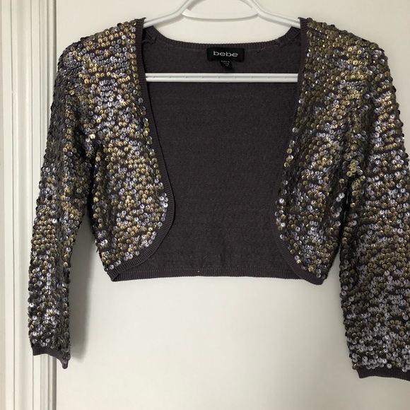 Bebe XS gray with Matt silver/gold sequin brand new cardigan - Picture 4 of 13